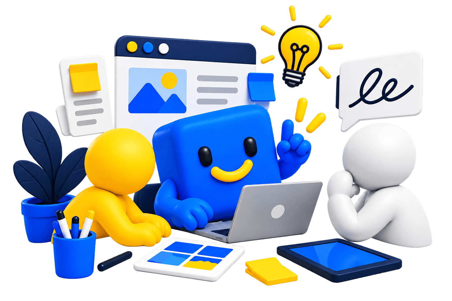 Kuby colaborando en una sesión creativa con un equipo de diseño