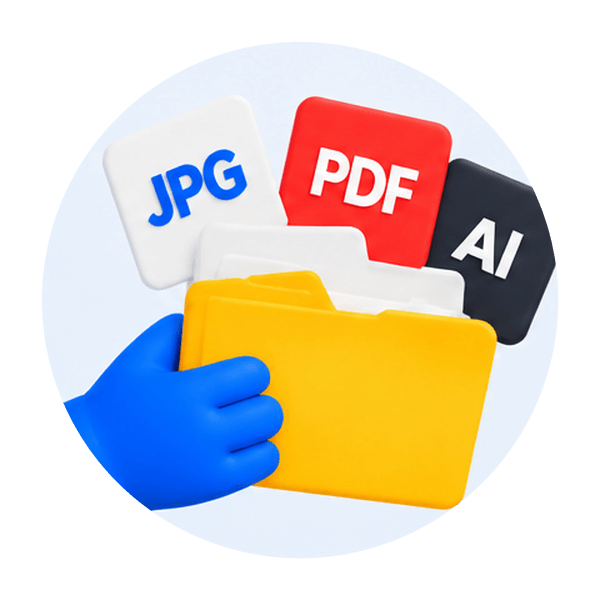 Mano azul entregando una carpeta con archivos JPG, PDF y AI